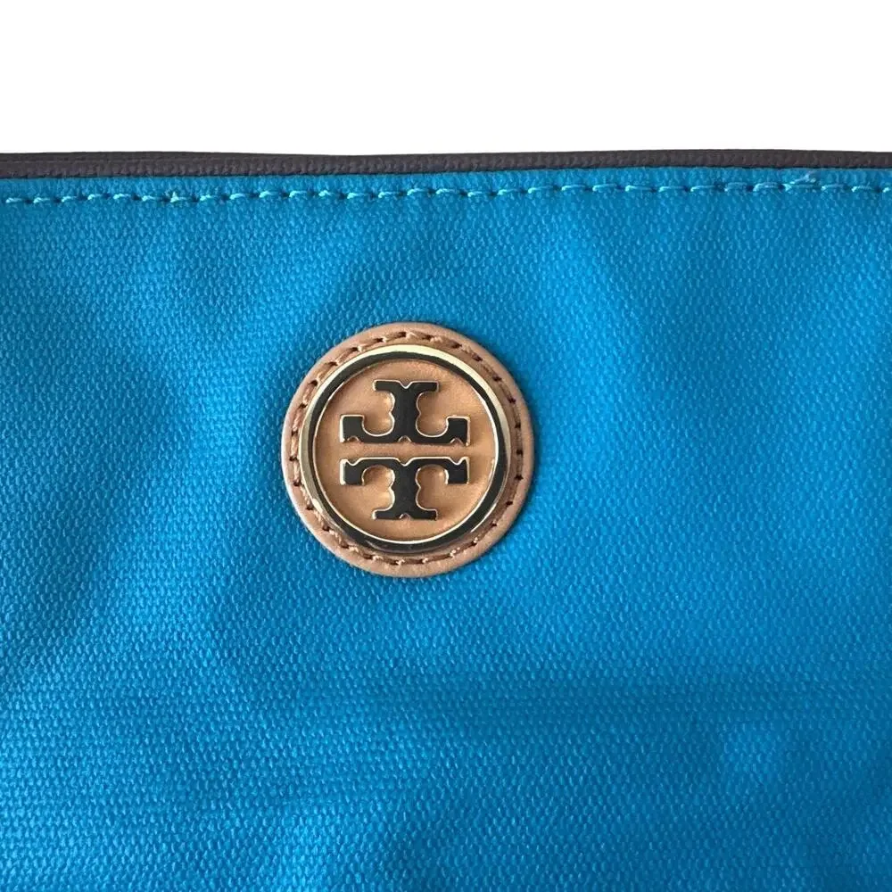 Tory Burch Jaden Tote Blue Canvas Coconut Tan Leather Shopper Bag